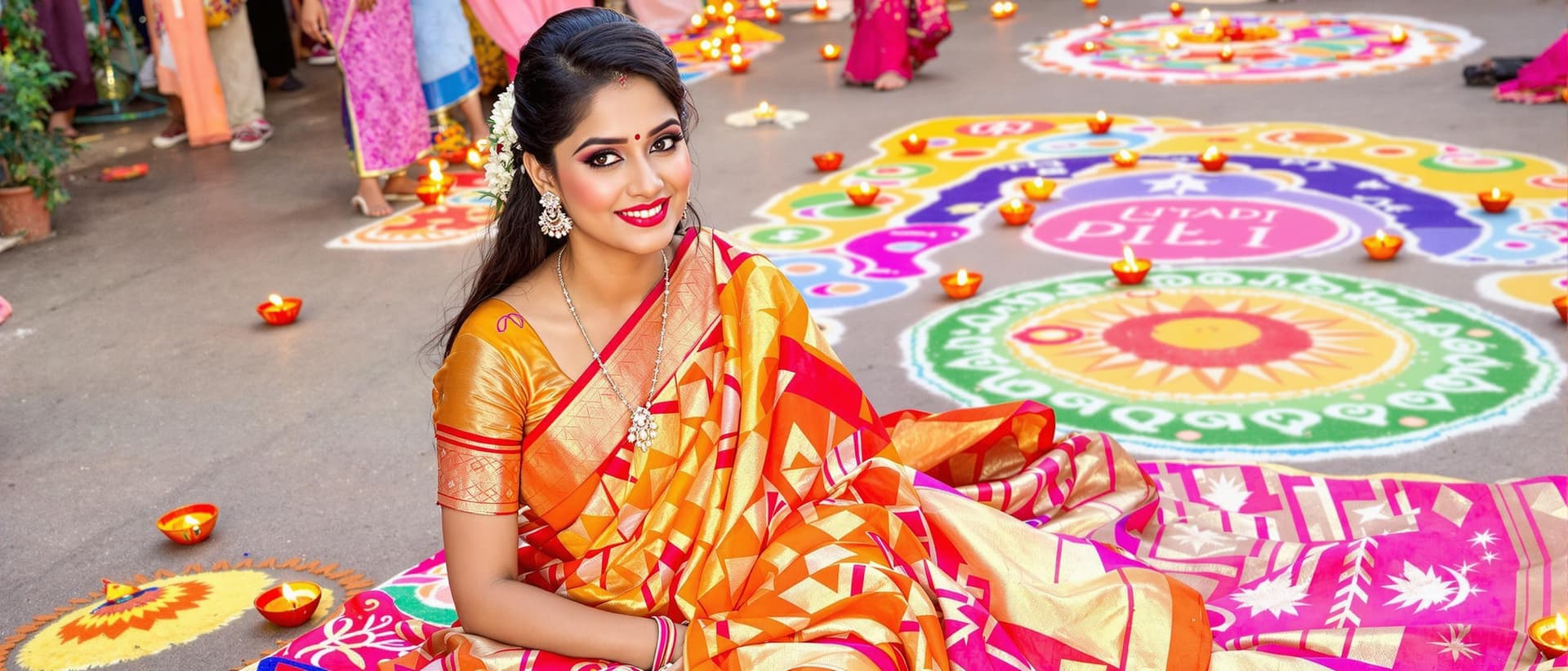 AI generated: A woman wearing a colorful, festive saree in shades of orange, pink, and gold with modern geometric ...