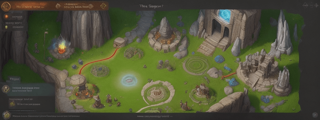 AI generated: create a fire pitch with characters of an RPG are make a plan for a journey, text on the botton that...