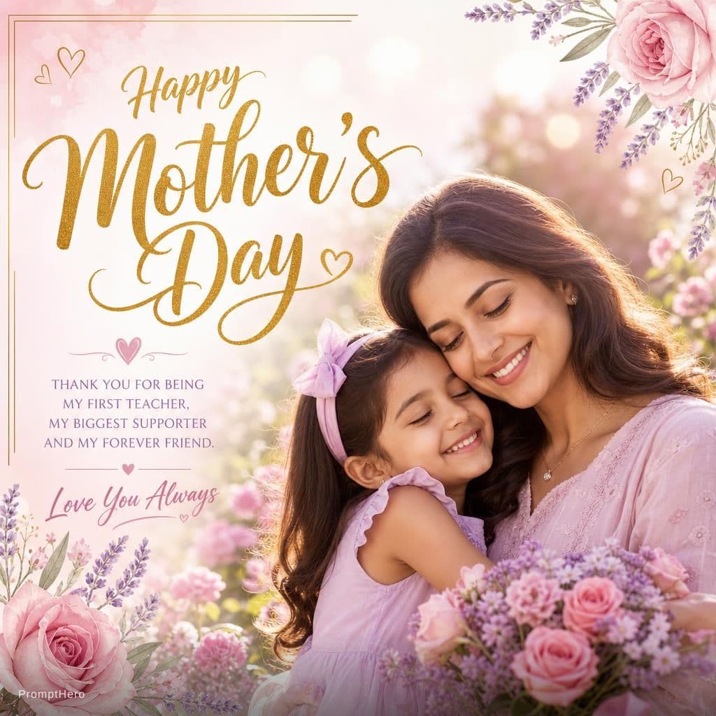 AI generated: [Mother's Day] wishes poster, featuring [a smiling mother and daughter in a blooming flower garden],...