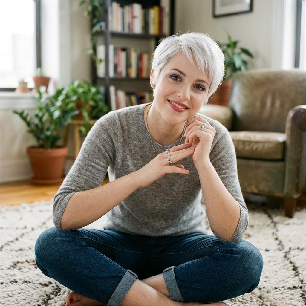 AI generated: 1girl,nude,seductive smile,seductive pose,posing,feet,tits,pussy,3lt0n3l,FiveZan,short hair,white ha...