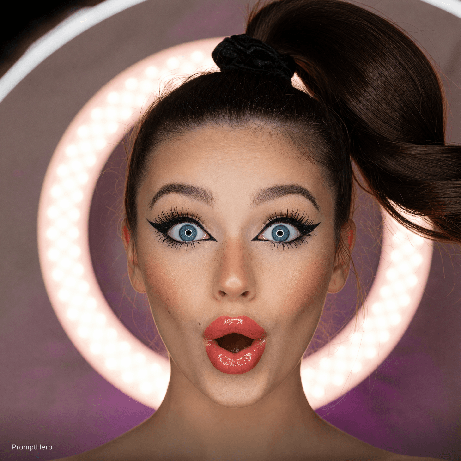 AI generated: Close-up of Aria, breathtaking symmetrical face with soft oval heart shape, striking bright blue eye...