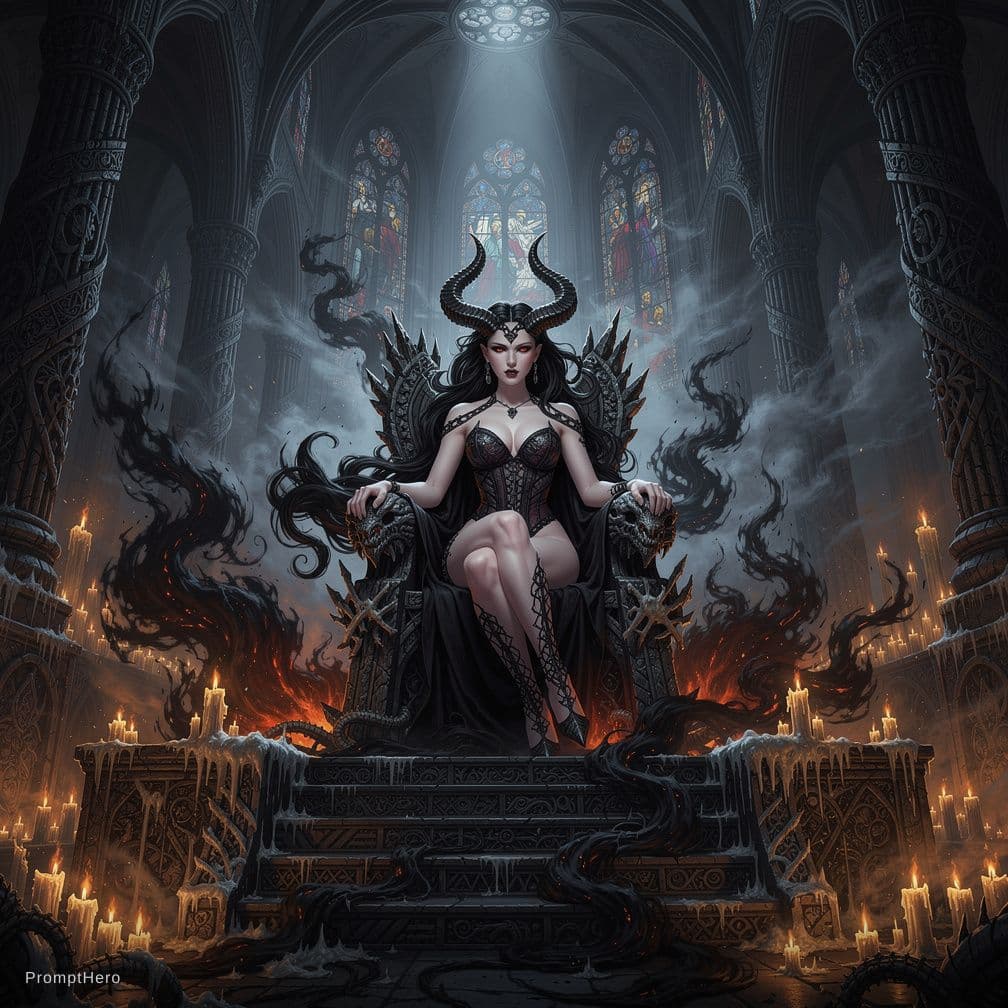 AI generated: A demonic queen with long, raven-black hair styled in loose waves cascading over her shoulders, her ...