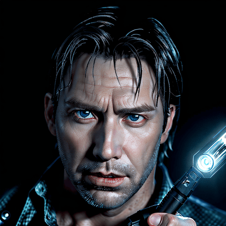 AI generated: portrait poster of alan wake, alone in the dark, holding a flashlight, sharp focus, ultra photo real...