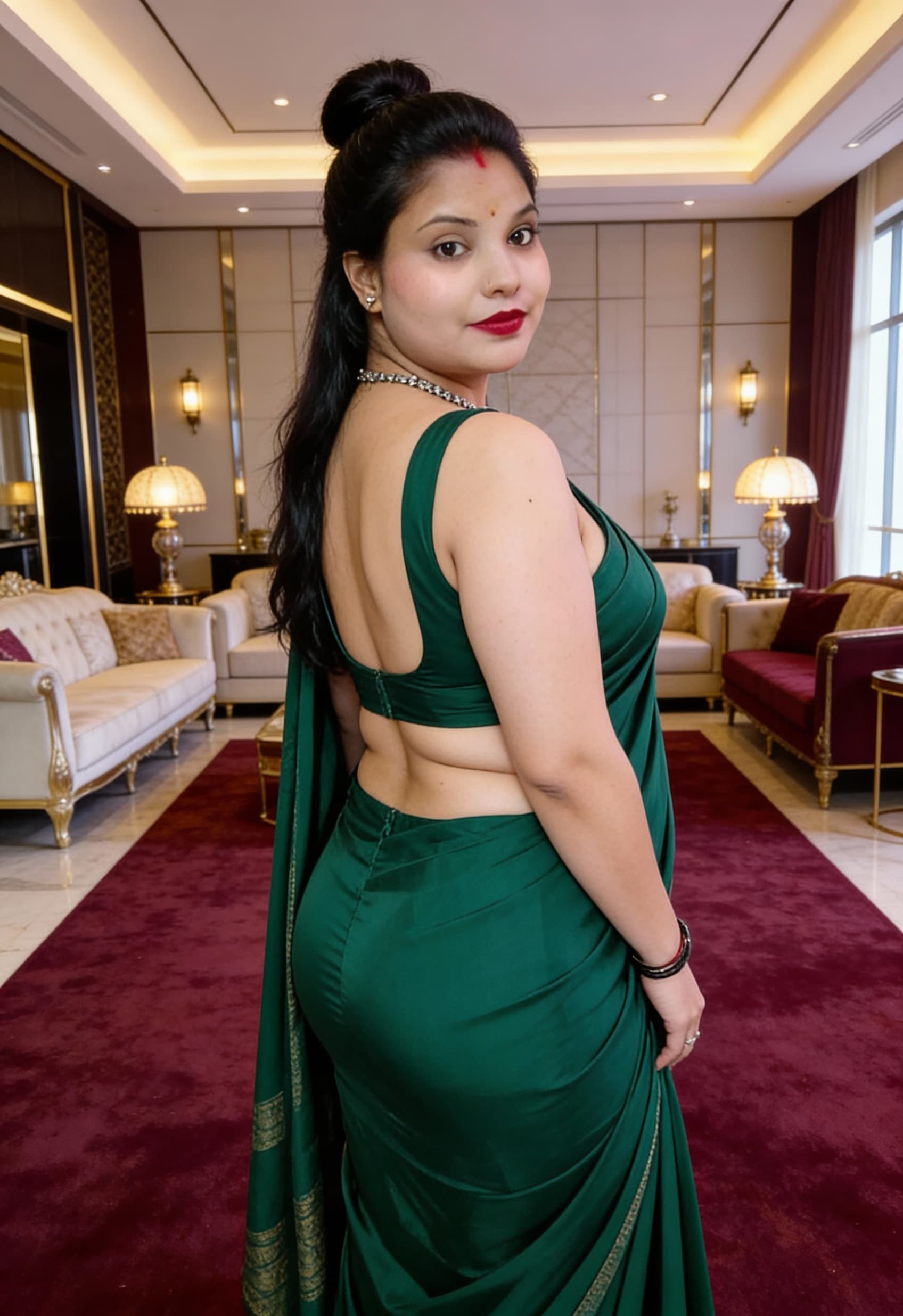 AI generated: plus size FLAT stomach , breast size 44 FF, waist 30 , hips 48 , under hips 38, elegant bold green c...