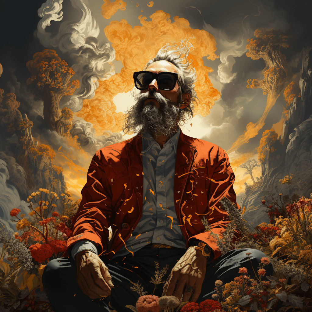 AI generated: Create a thought-provoking and surreal illustration of a man holding a joint, but instead of convent...