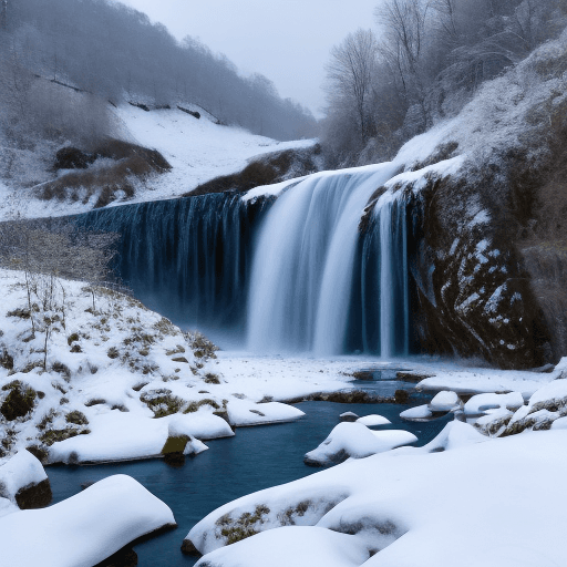 AI generated: a snowy winter landscape with a waterfall in background