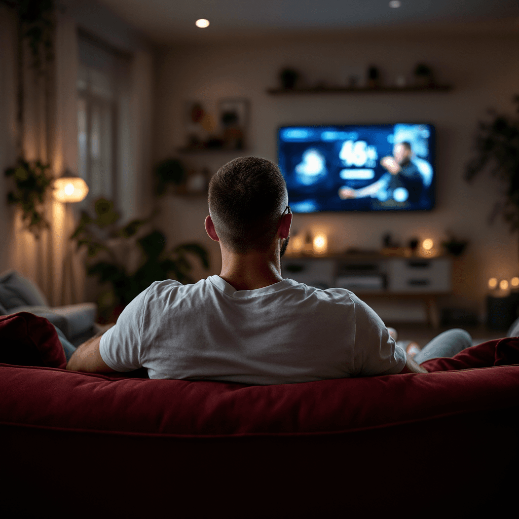 AI generated: photography, a 45 years old Caucasian man, viewed from behind, sitting in a burgundy couch, watching...