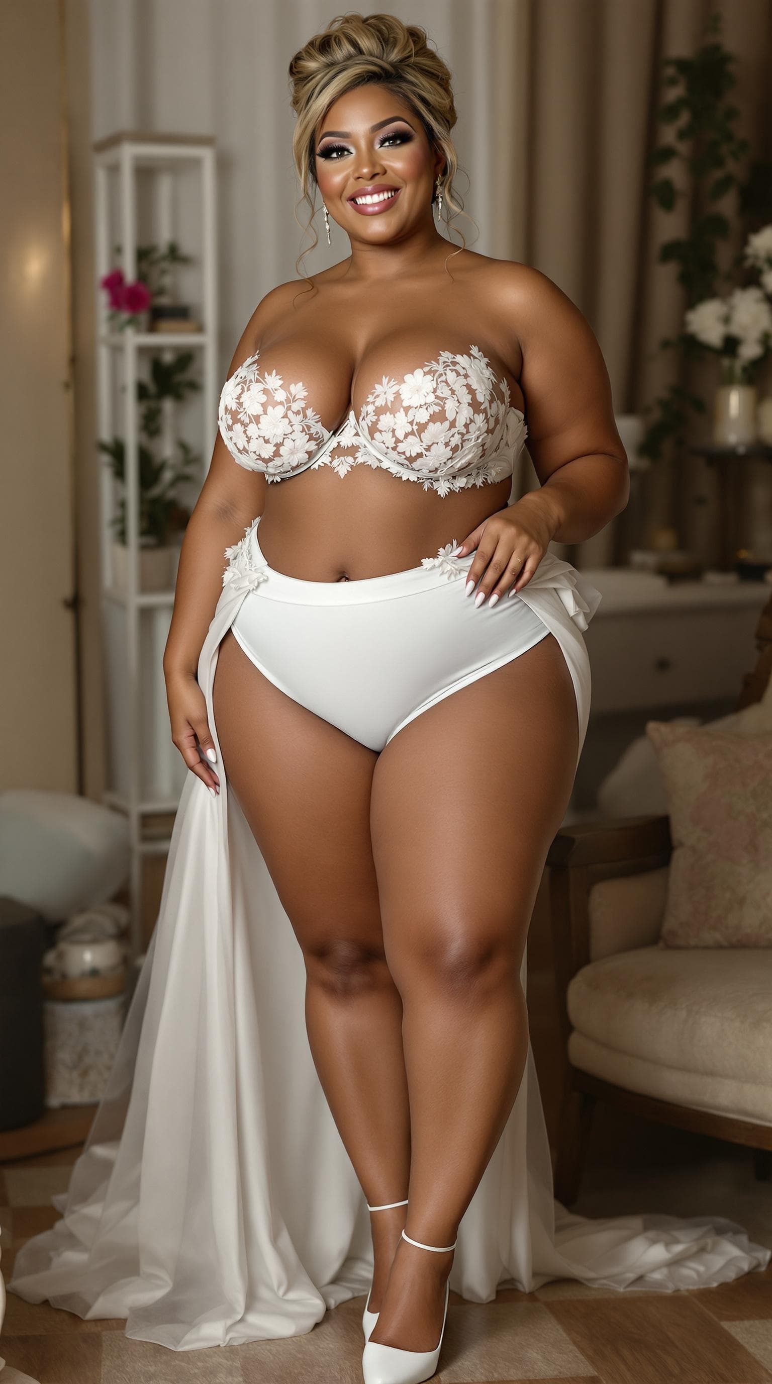 AI generated: a full side front view large puffy boobs beautiful black eyes plus size legs with high heels matched...