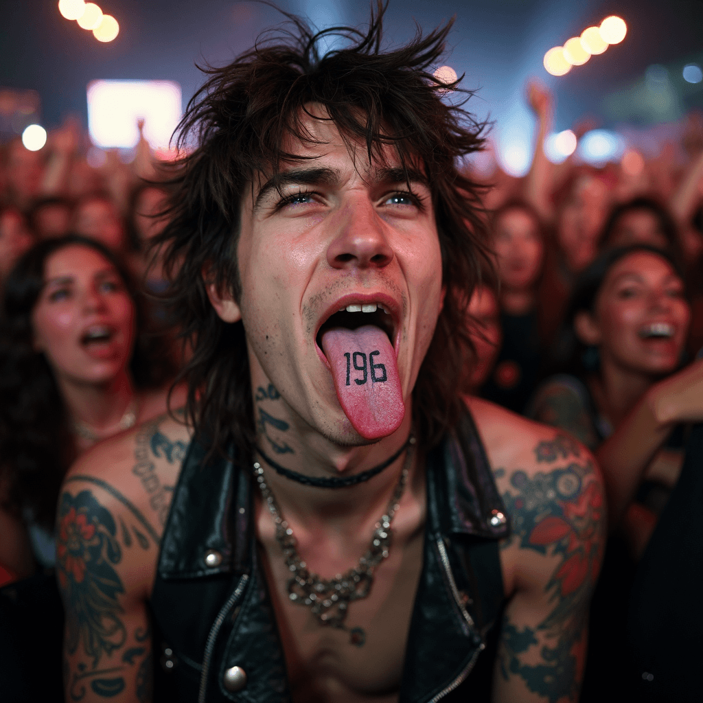 AI generated: punk hipster sticks out his tongue with (a large tattoo on his tongue written number ("196"), at a r...
