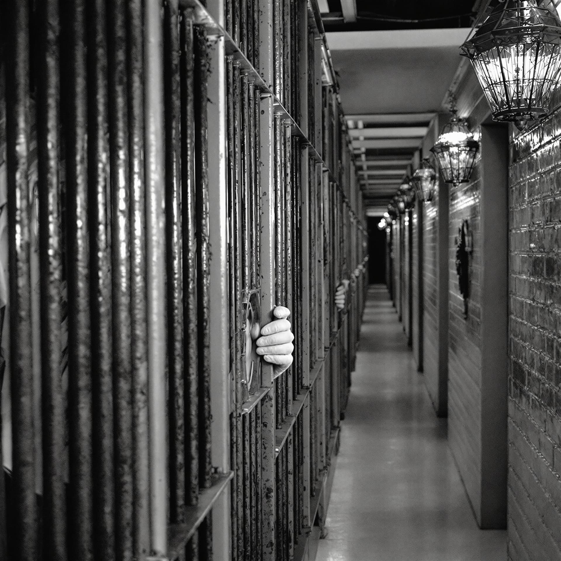AI generated: prison corridor, cell bars, a man stands near the bars and looks through the keyhole, the man has ha...