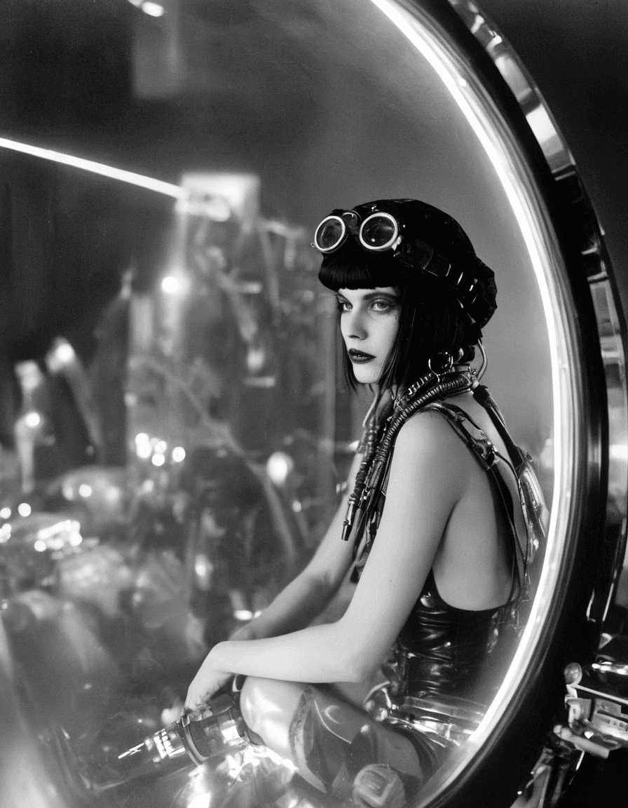 AI generated: black and white photography in noir style, fashion editorial, tank girl, with glasses and black helm...