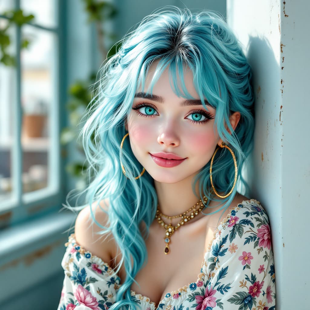AI generated: a Boho Chic young girl, emerald eyes, perfecteyes, eyebrows, hair behind ear, pale white skin, light...
