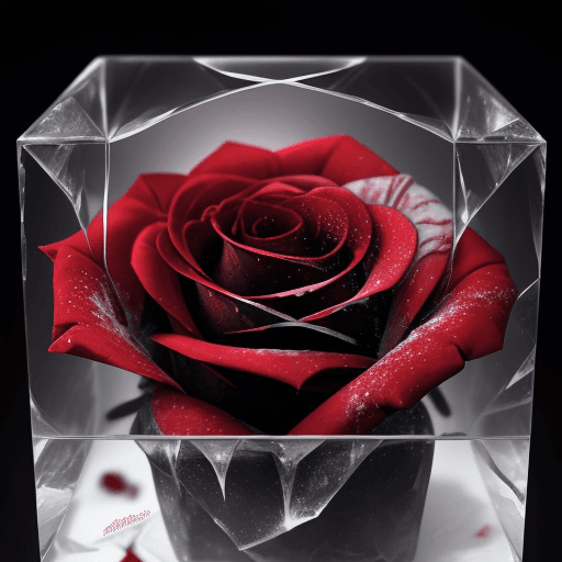 AI generated: close-up photo of a beautiful red rose breaking through a cube made of ice , splintered cracked ice ...