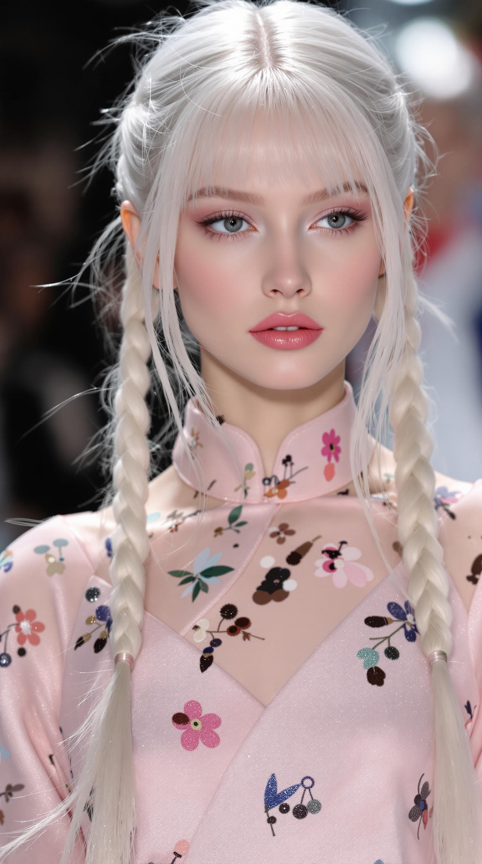 AI generated: Vogue Runway Model with long Pigtails in the style of candycore hair, pale skin and light pink lips ...