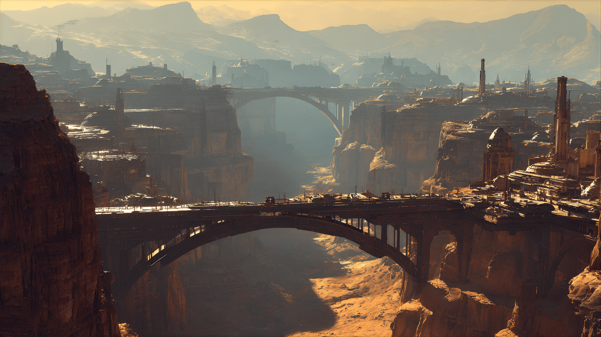 AI generated: vertical cityscape, cinematic, towering sandstone cliffs housing futuristic structures, massive arch...
