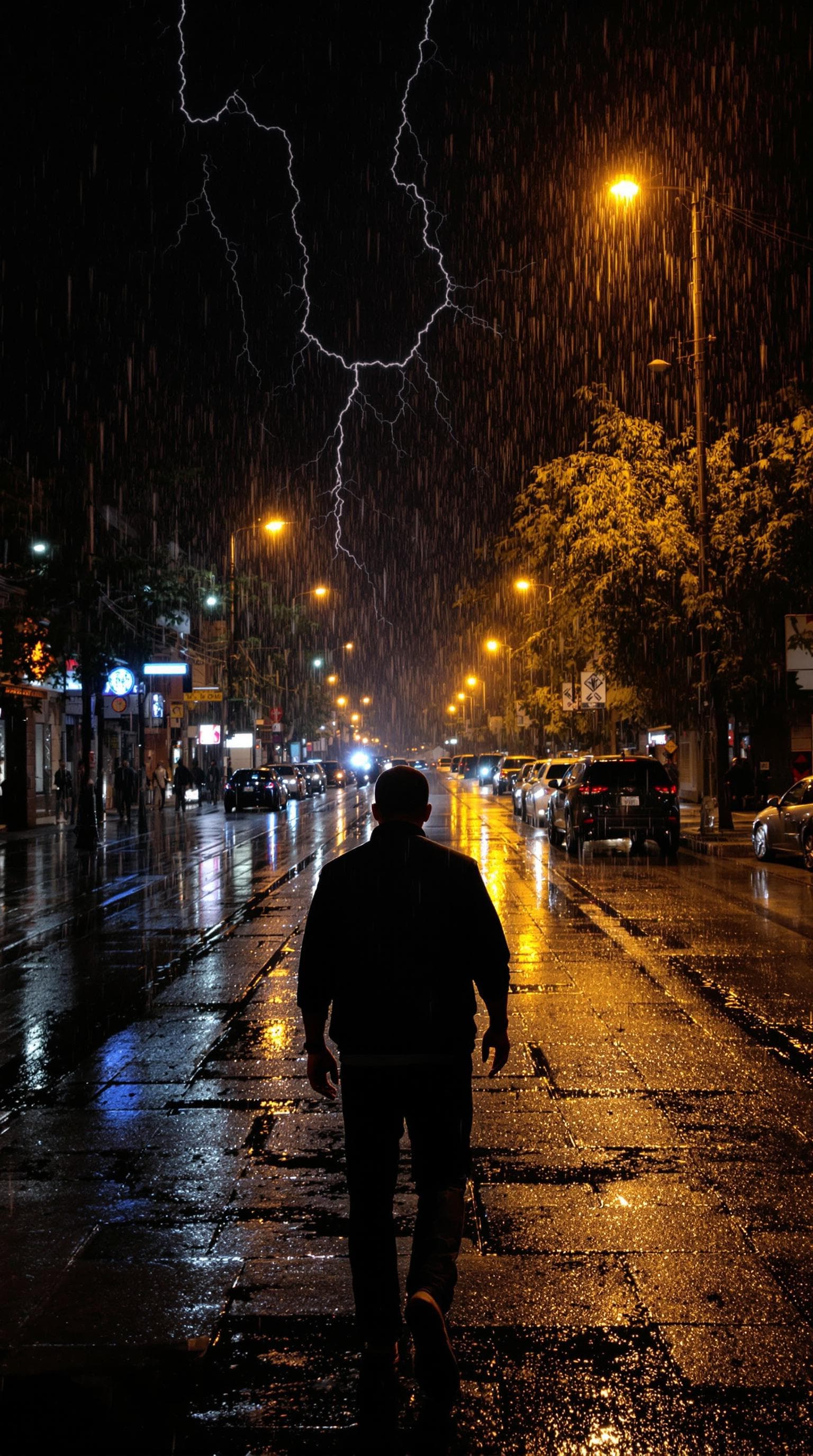 AI generated: A man walks on a street at night in the rain where lightning is striking. Back shot. wet ground, ref...