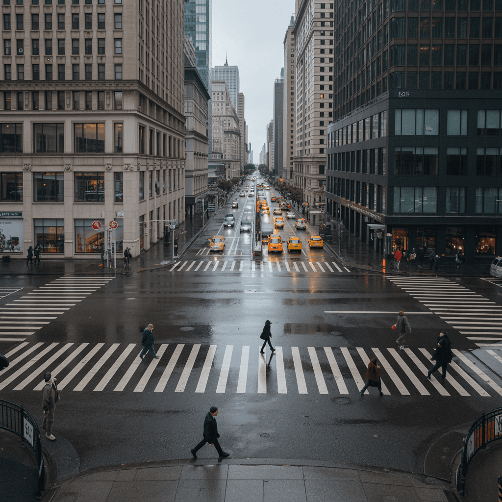 AI generated: A scene of a hustling and bustling city overhead of a crosswalk with people crossing in the rain, pu...