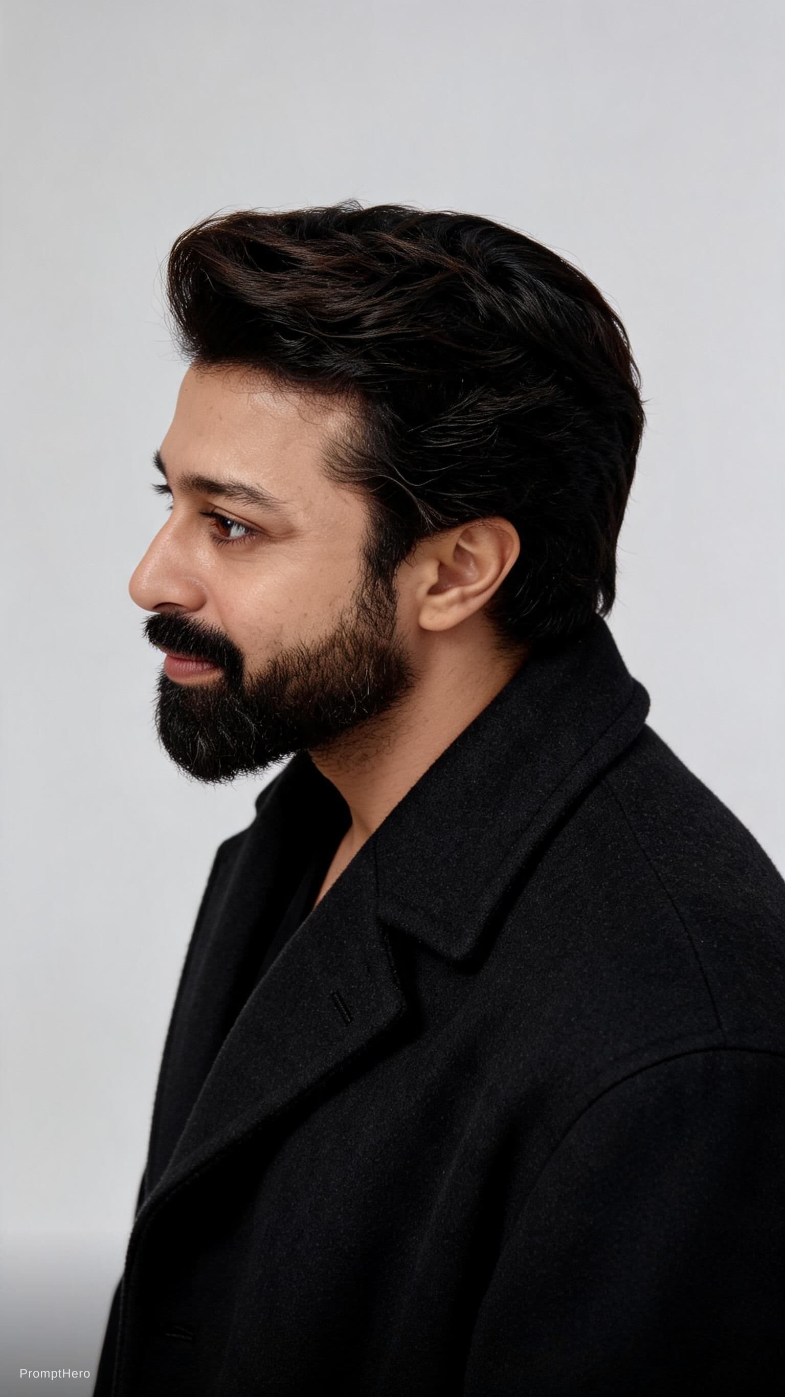 AI generated: headshot of a man, aerial view profile picture, handsome Indian man with black hair and short beard ...