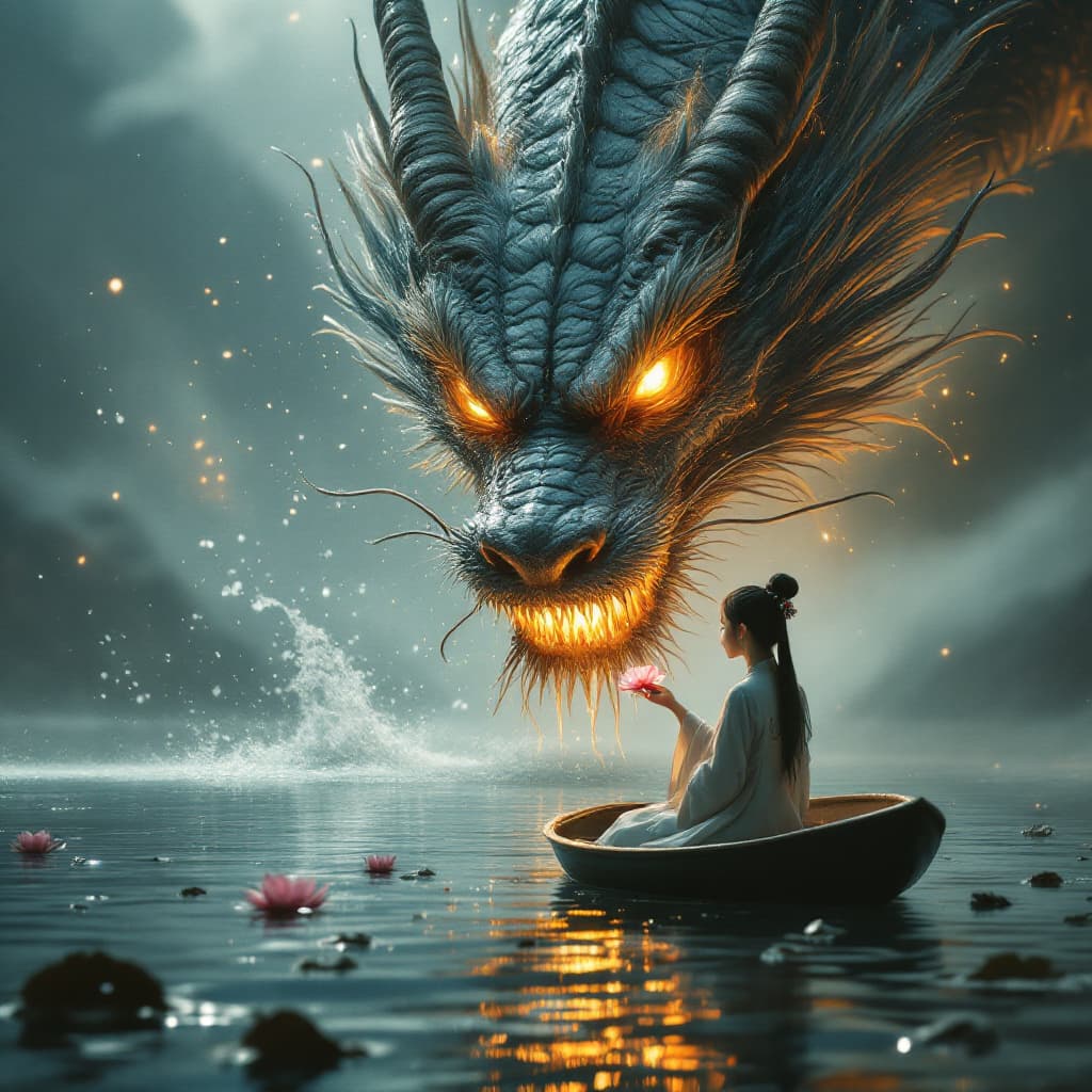 AI generated: Underexposed, realistic matte painting, side view. Splash of water. The head of a giant Chinese drag...