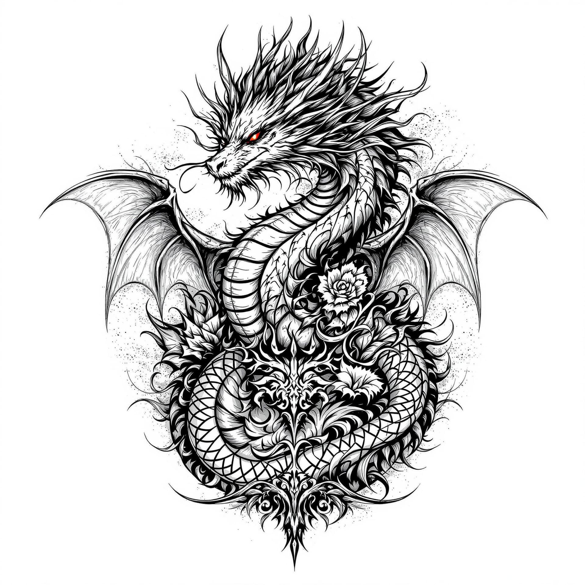 AI generated: a femle chest dragon tatoo template on a white background
