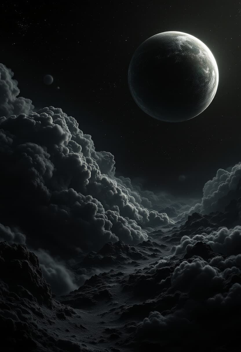 AI generated: a Green Planet full of grey clouds and large bodies of water but the waters black because the sand o...