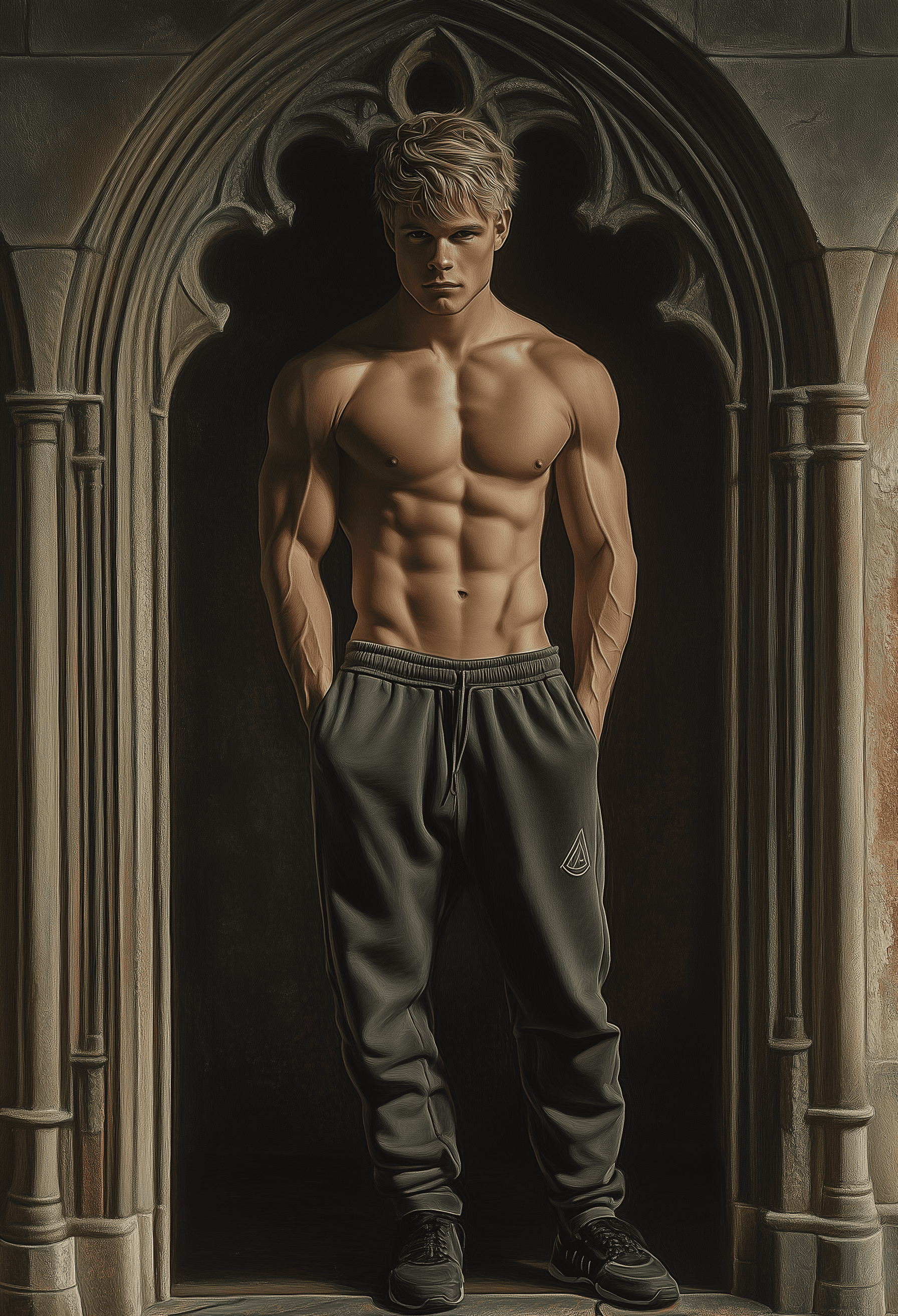 AI generated: Full-body shot of a handsome young man with short blond hair, wearing sweatpants, posing in a gothic...