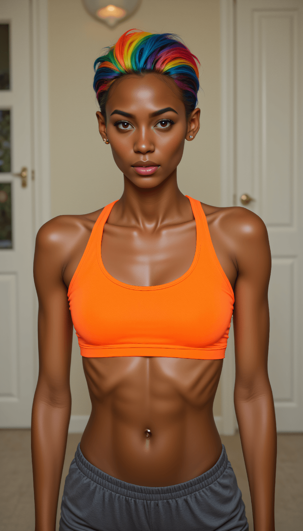 AI generated: Photo of a Mid-twenties athletic girl with rainbow-colored short spiky hair, soft ribs, flat stomach...