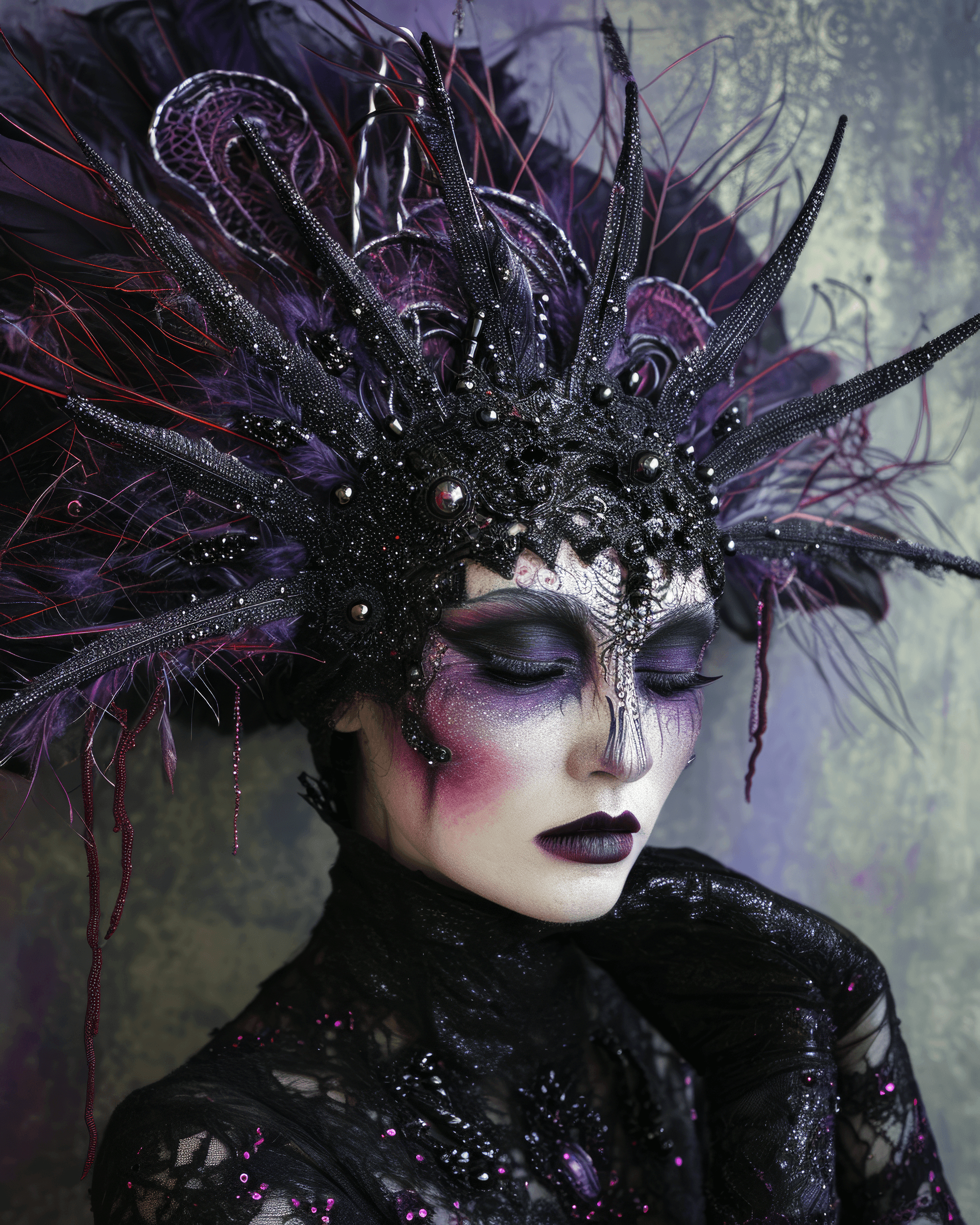 AI generated: a girl is posing wearing makeup, Gothic Queen of Darkness, black, red, gothic style details, puppet,...