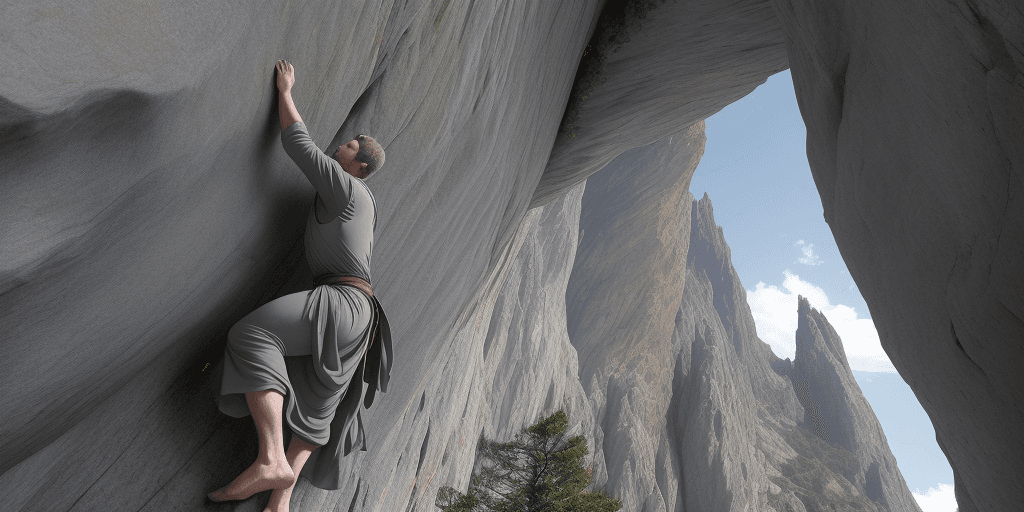 AI generated: the man  about 25 yeas old  wearing a large gray tunic, climbing the mountain