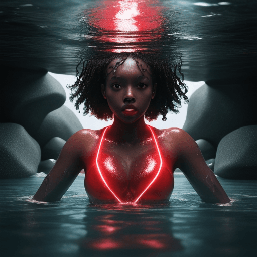 AI generated: Black girl drowns inside water with rocks, casting red glow, hyper-realistic, 8k image 