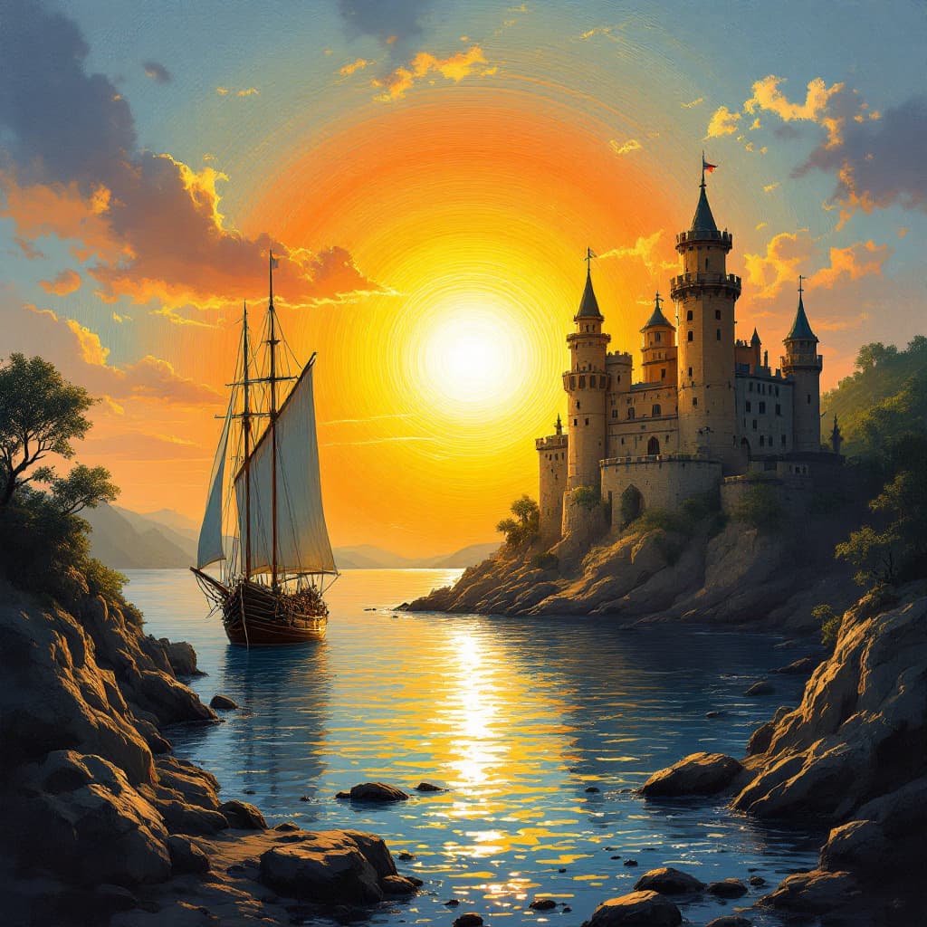 AI generated: crear imagen de una puesta de sol con una barca y un castillo con los colores primarios y estilo imp...