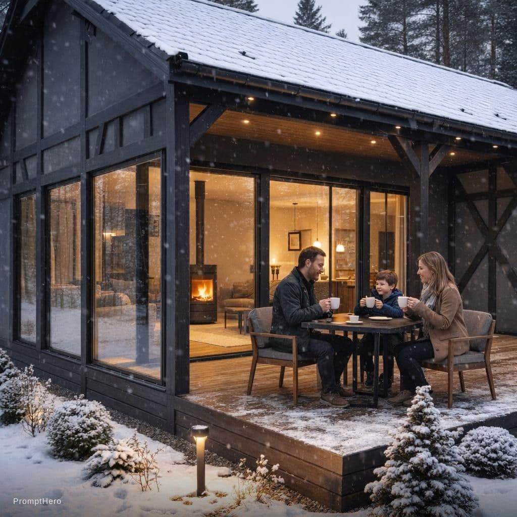 AI generated: Create a photo of a half-timbered house with panoramic windows. The house is dark gray, with a terra...