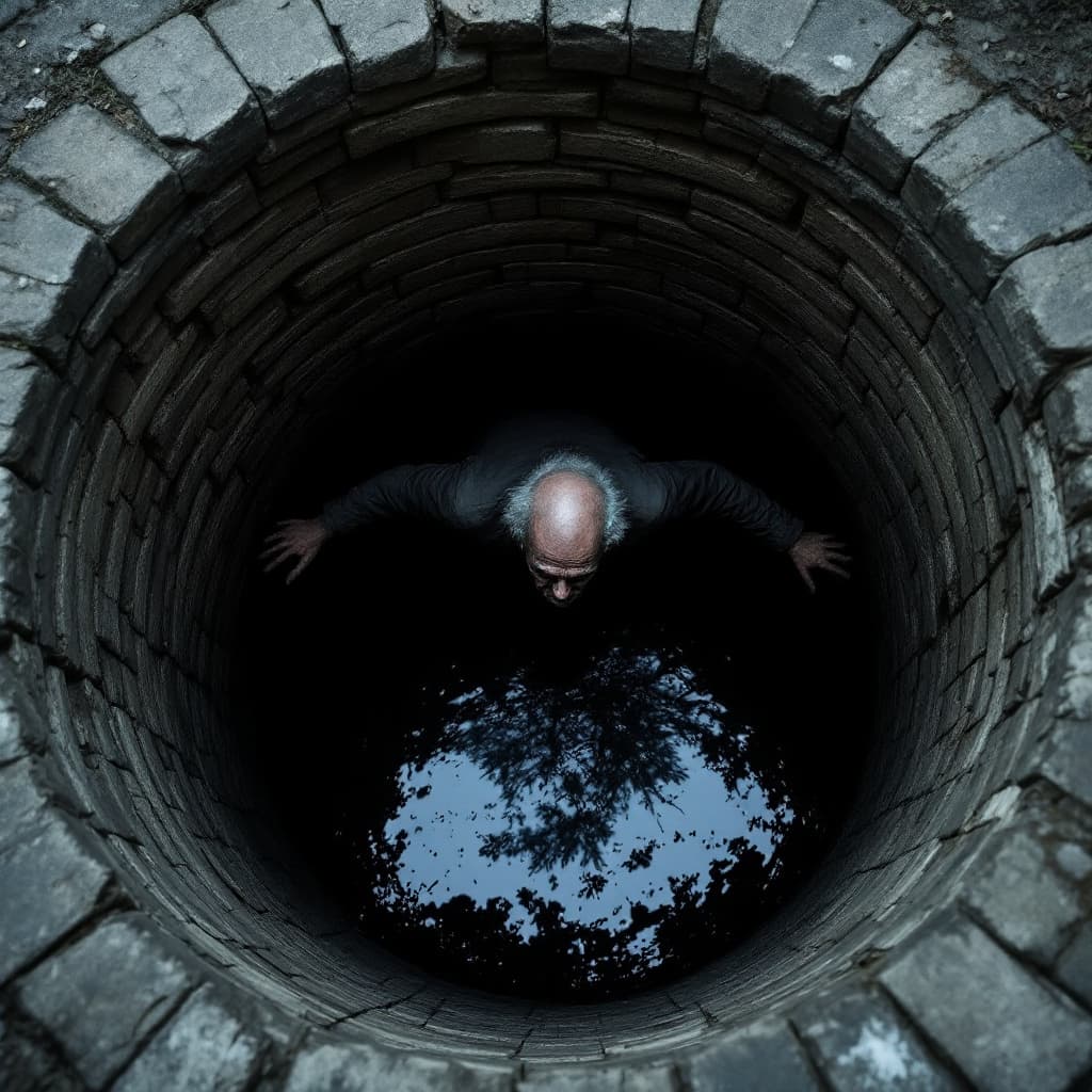 AI generated: top camera angle - taking shot of the depth of an old man lying inside an old deep well in a backyar...