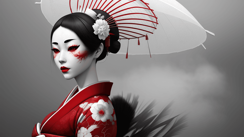 AI generated: the geisha is wearing red and white, in the style of ray caesar, snow scenes, unreal engine 5, close...