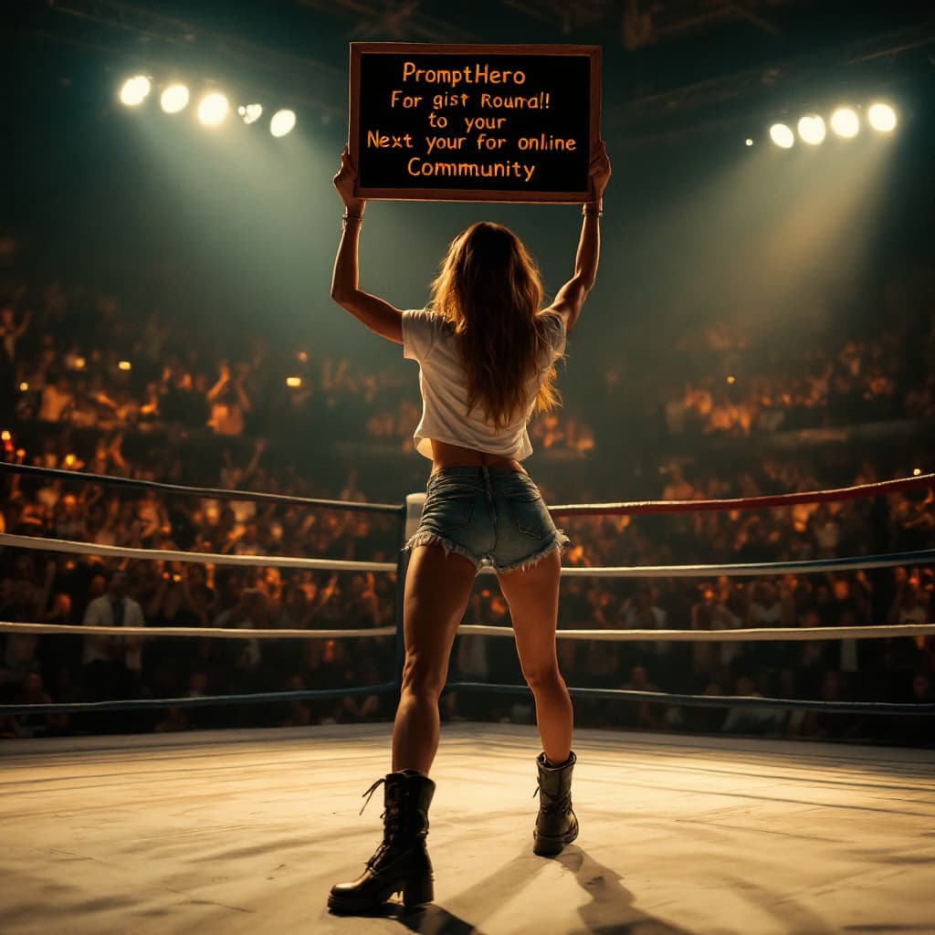 AI generated: A captivating cinematic image of a ring lady strutting confidently around the illuminated boxing rin...
