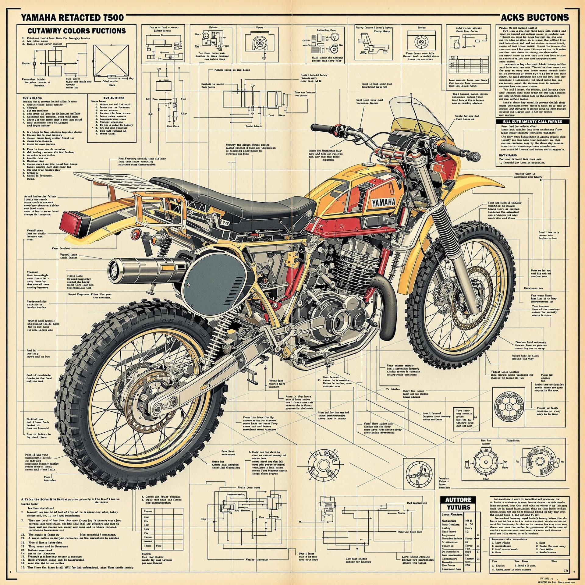 AI generated: a 1980 Yamaha xt500 factory colors, schematic showcasing a cutaway design that reveals its internal ...