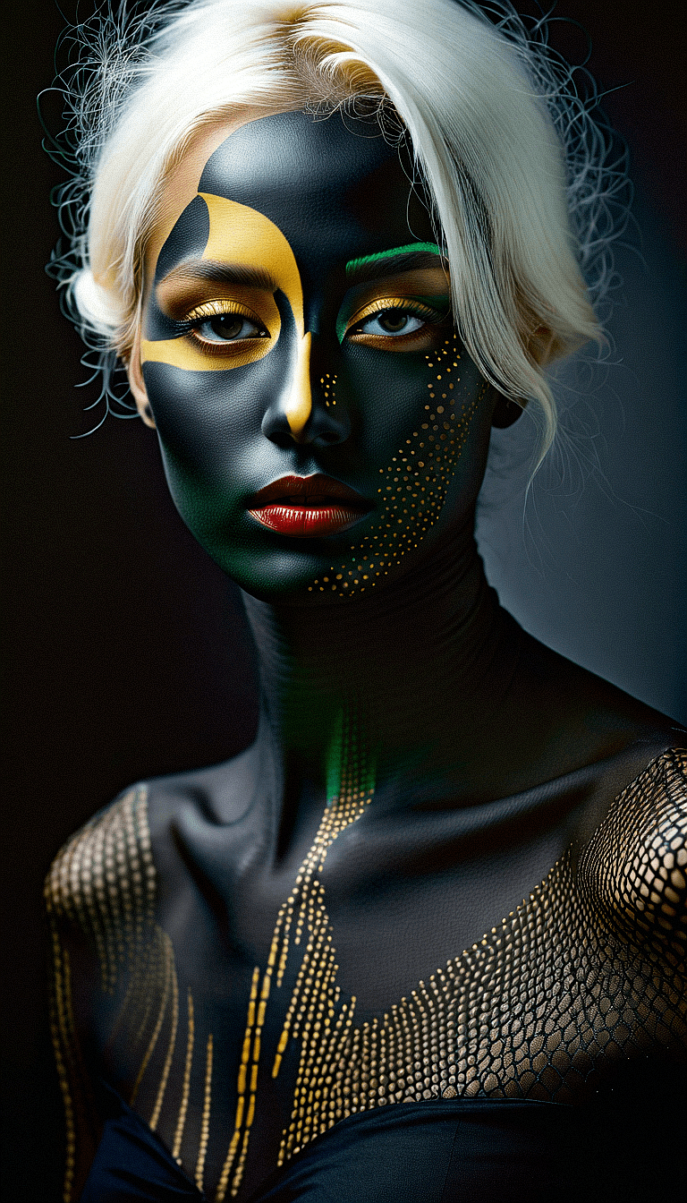 AI generated: An image of a woman with a hyperrealistic style, showcasing an elaborate body paint design. The skin...
