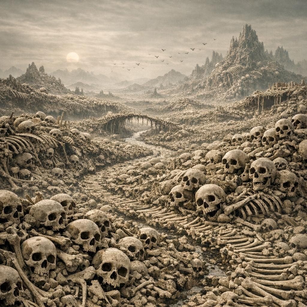 AI generated: Bones → The Ossuary Fields (endless skeletal remains forming landscapes)