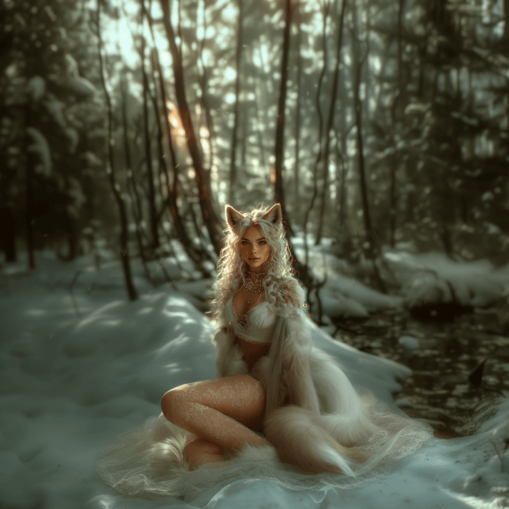 AI generated: mysterious myth of a beautiful goddess-looking fox in human form, with curly and beautiful platinum ...