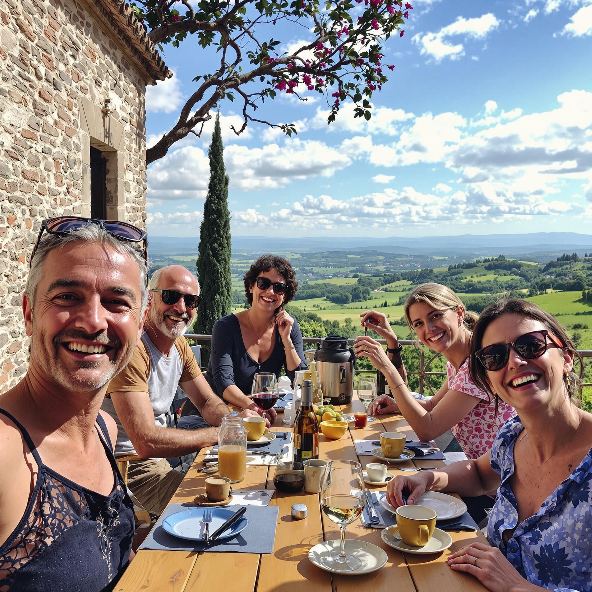 AI generated: people in a happy company retreat, tuscany, happy people, retreat, corporate retreat, group of cowor...