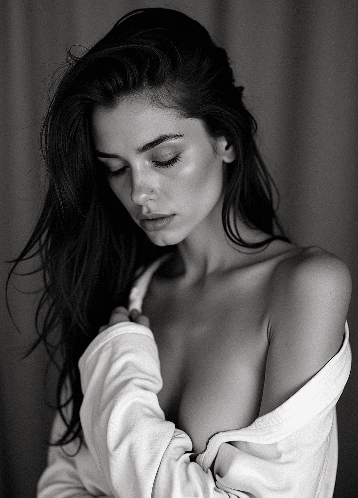 AI generated: A black-and-white portrait of a young woman with long dark hair, wearing an oversized open shirt. Sh...