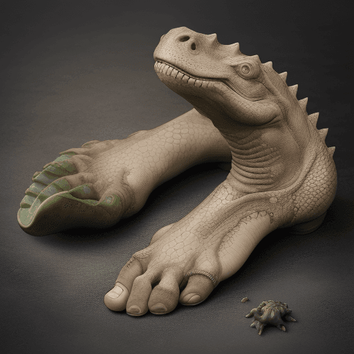 AI generated: a human foot similar to a dinosaur's foot with reptile claws instead of human nails. Place respitili...