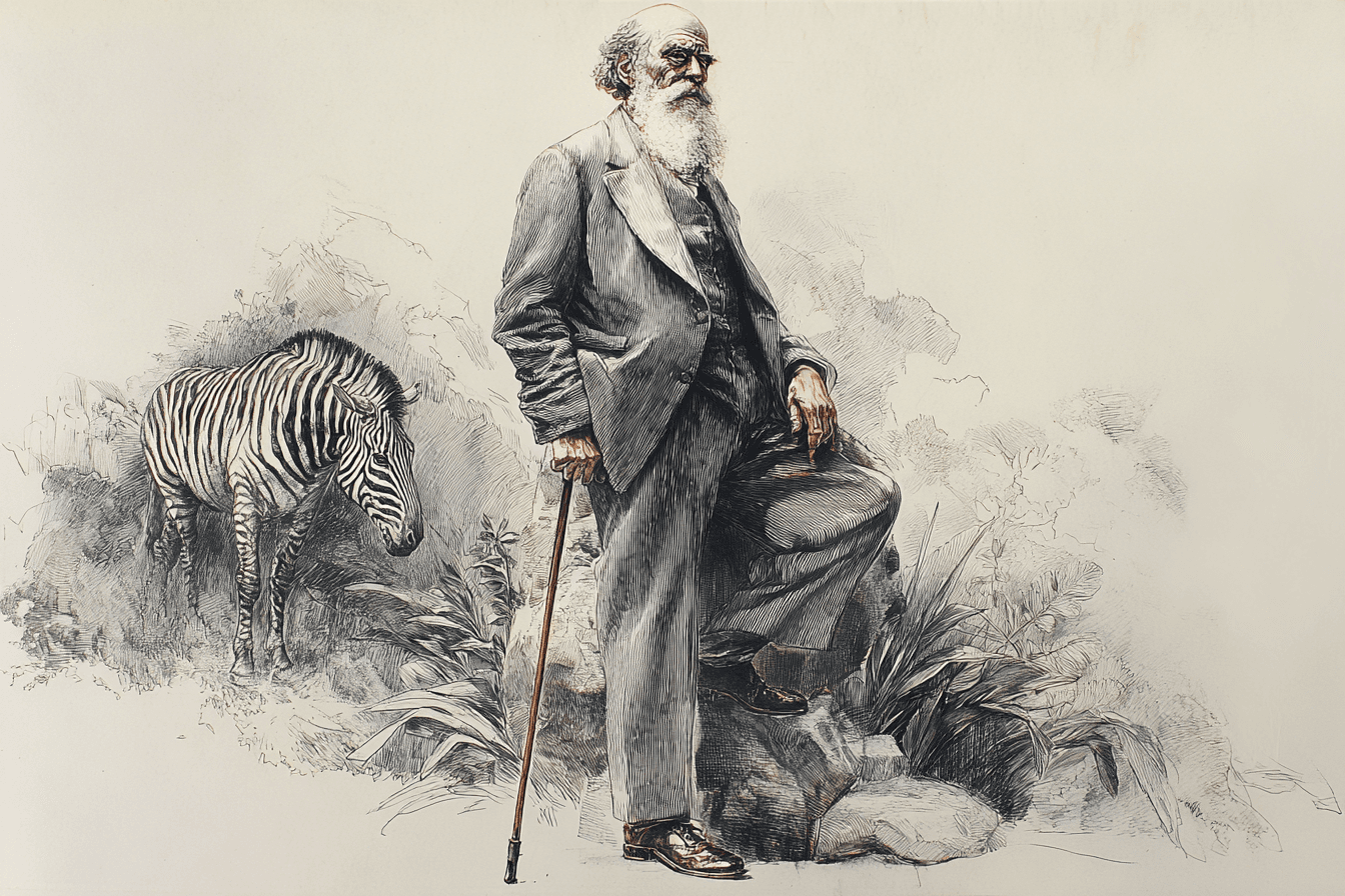 AI generated: Create a detailed portrait of Charles Darwin, standing confidently and facing the viewer. He is lean...