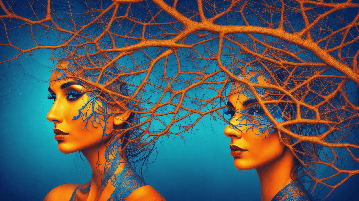 AI generated: digital artwork featuring a woman's head intertwined with full of branches, blending urban surrealis...