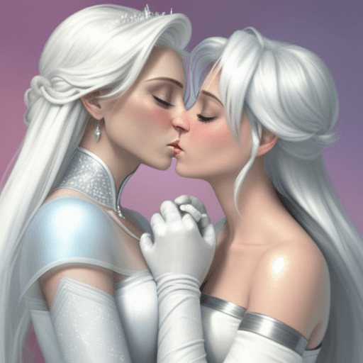 AI generated:  Elsa, white and pink and silver white hair , lesbian, kissing 
Holding each other Princess Jasmine ...