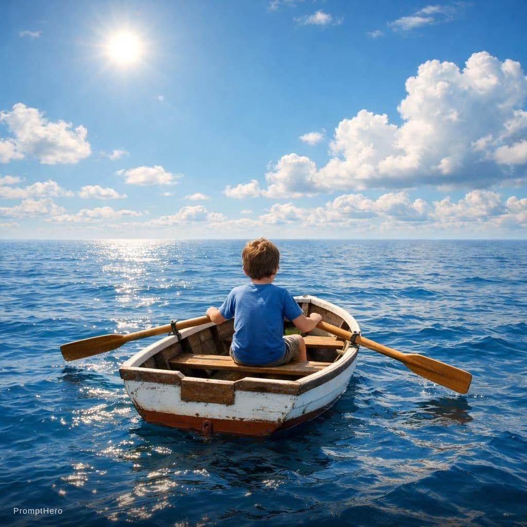 AI generated: A young boy rows a small boat adrift on an endless expanse of sea. The waves are calm, the sun is sh...