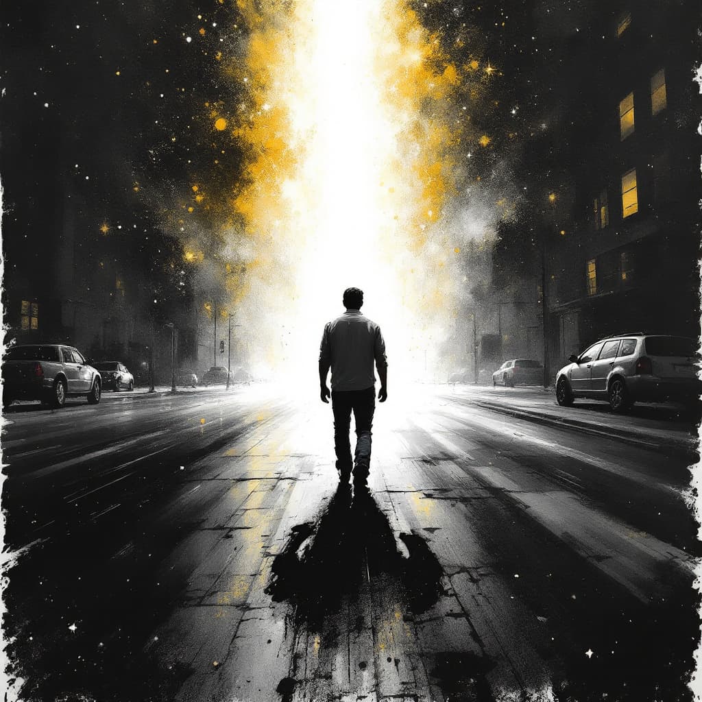 AI generated: Artistic illustration of a cold, desolate  
 city night,  a lone figure (man) wearing only a white s...