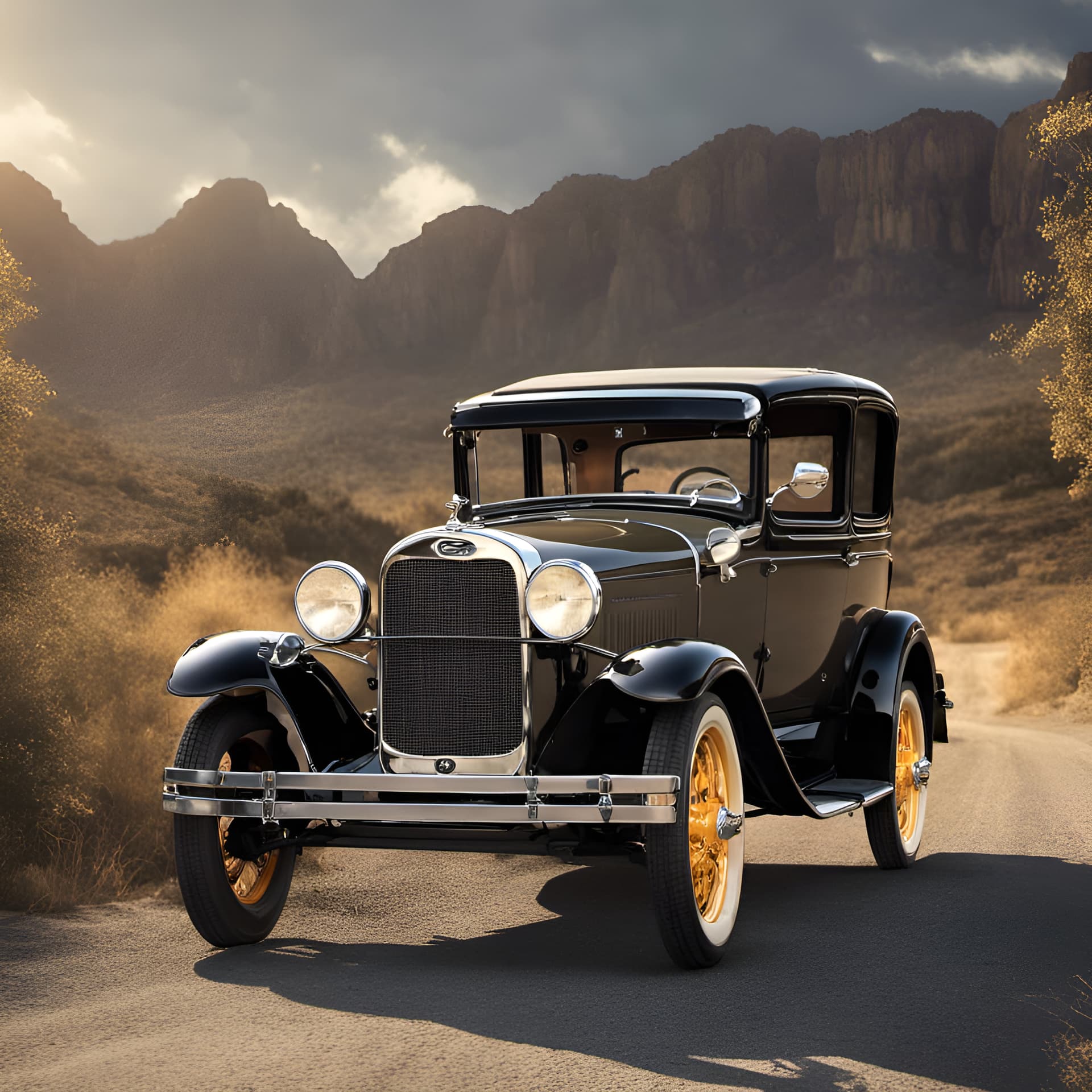 AI generated: 1931 Ford Model A, (detailed stunning environment), cinematic, cover art, (low front angle), full vi...