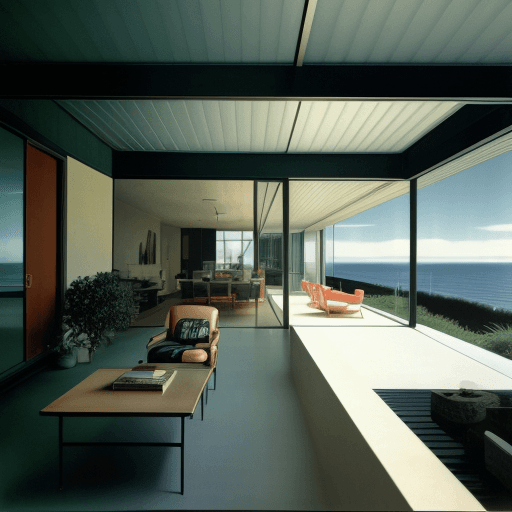 AI generated: Hyper realistic eye level exterior photo of a mid century modern style house overlooking the ocean, ...
