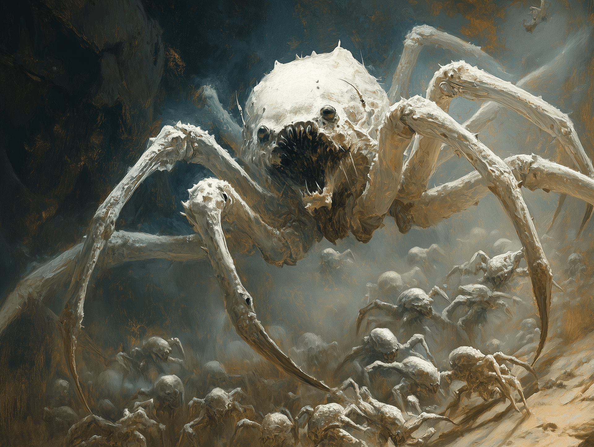 AI generated: A white, spider-like alien creature with four legs, surrounded by thousands of smaller aliens in the...